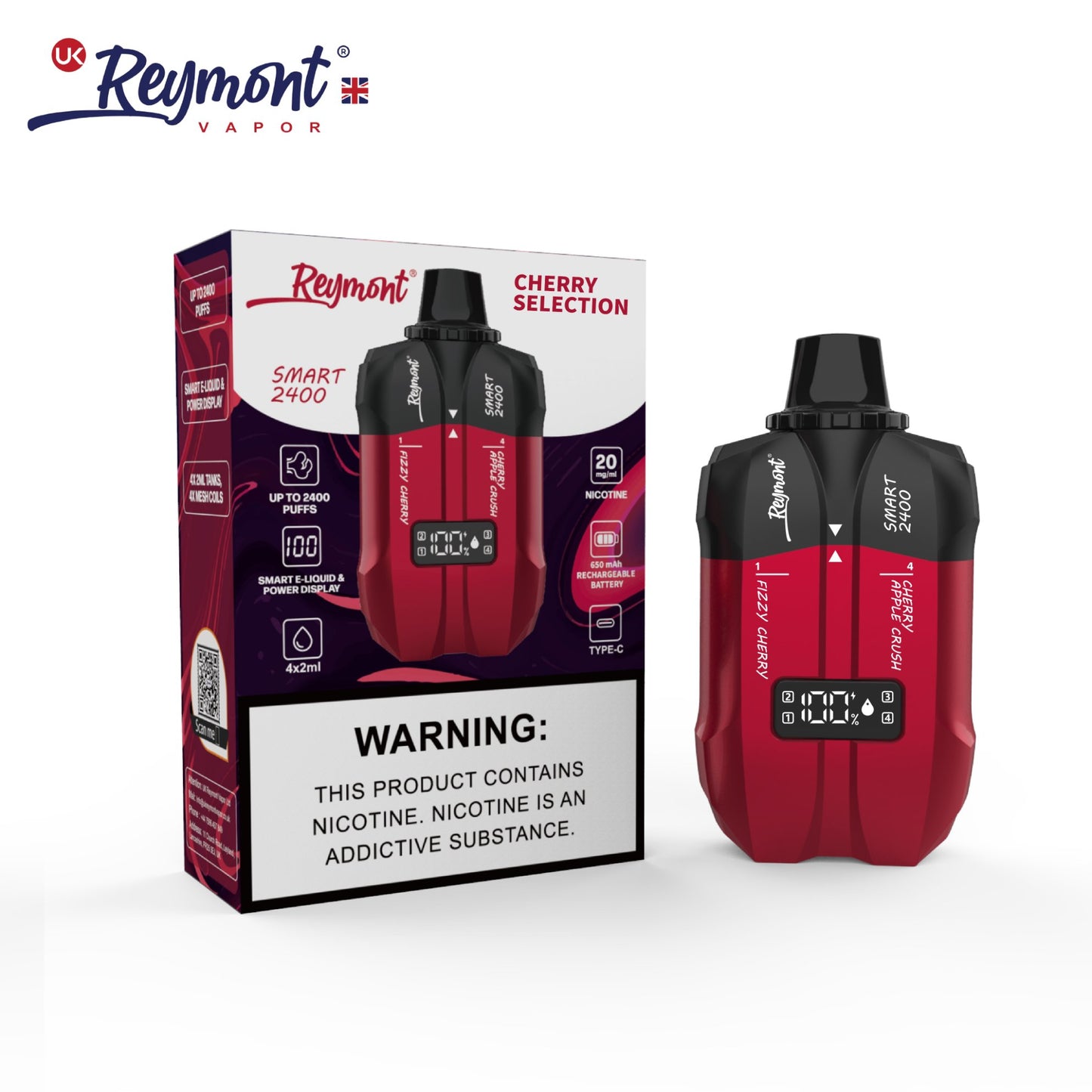 REYMONT SMART 2400 Puffs Rechargeable Vape (1 KIT & 8 PODs with different flavors of 600 Puffs each) 5% Nicotine